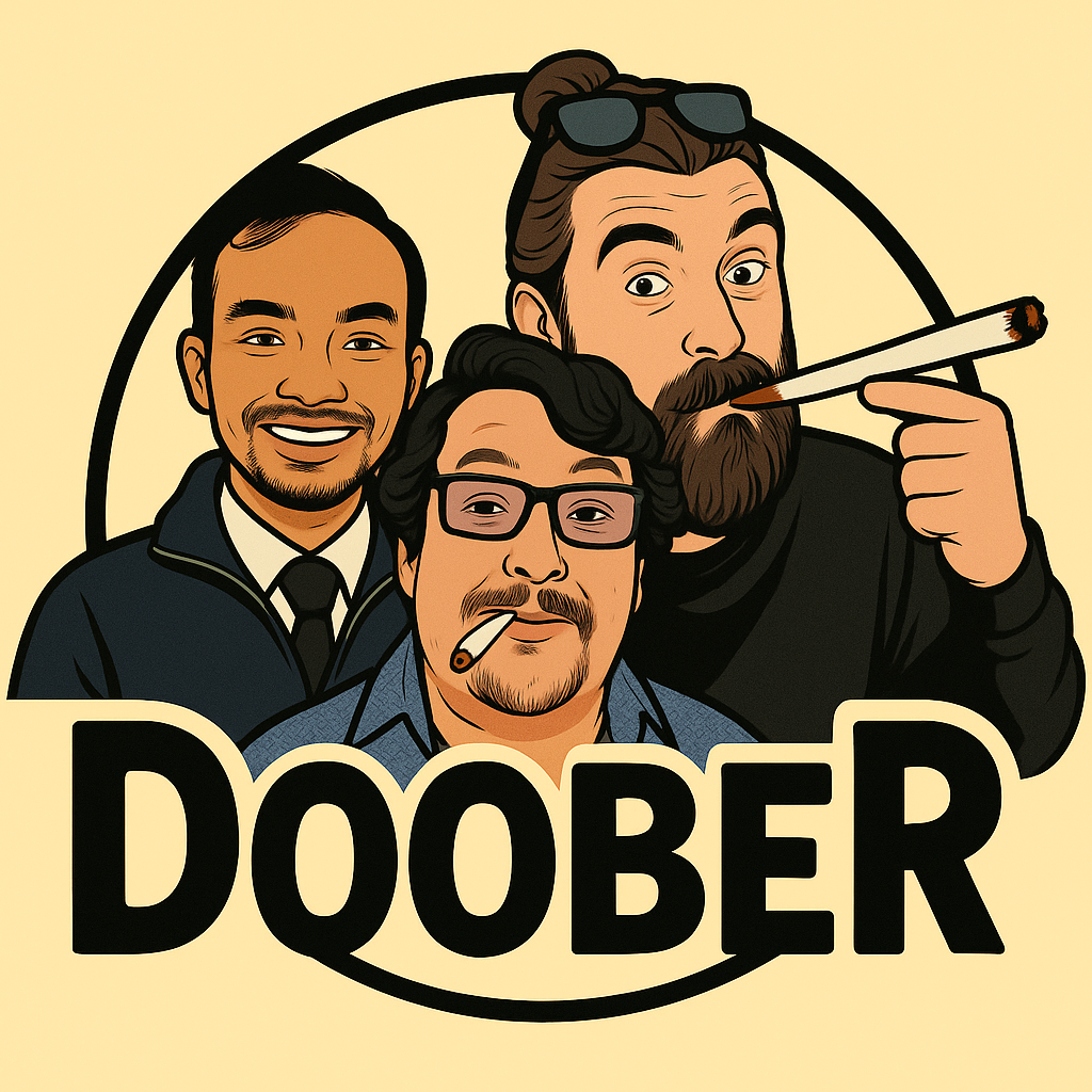 Three illustrated men with casual attire and sunglasses, one holding a lit cigarette, another with a cigarette in his mouth, and the third smiling, with the word 'DOOBER' in bold letters below them.