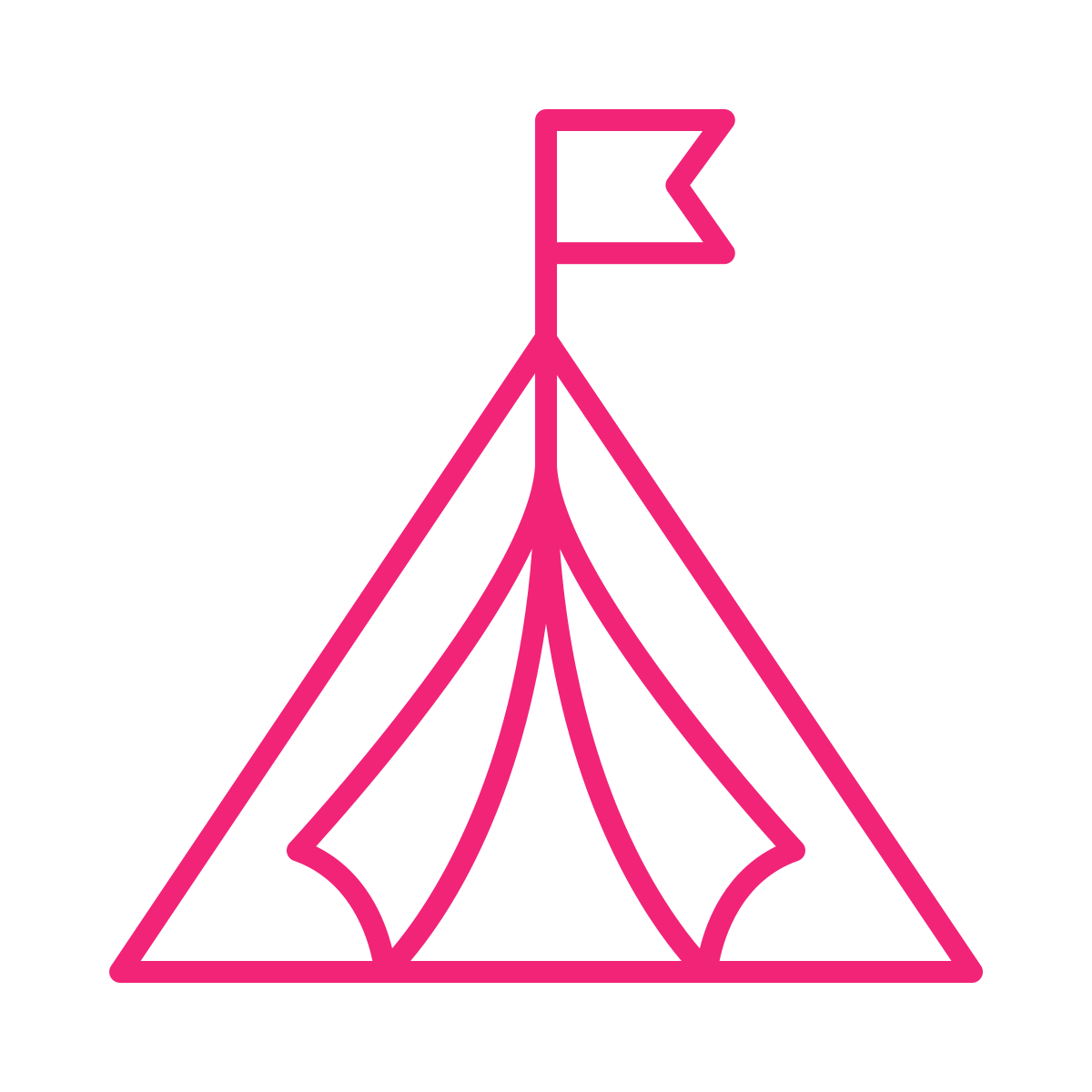 A pink outline drawing of a teepee tent with a flag on top.