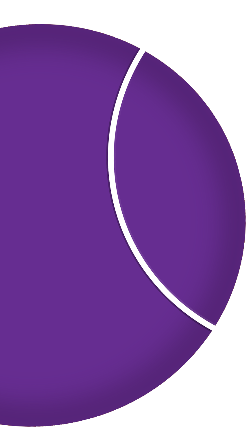 Close-up of a purple tennis ball with a white curved line.