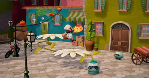 Screenshot of Pizzapocalypse 2 gameplay. Jumping on a flower bot in Italy