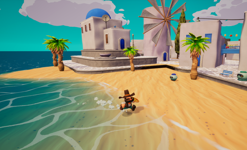 Screenshot of Pizzapocalypse 2 gameplay. Running on the beach in Greece in an alternate cowboy outfit.