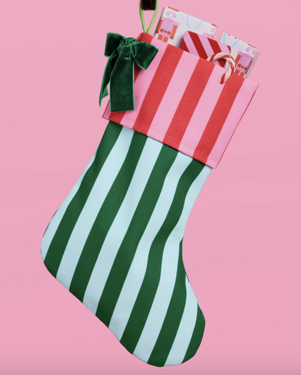 Blue, Green, Red & Pink Striped Stocking with Dark Green Velvet Bow