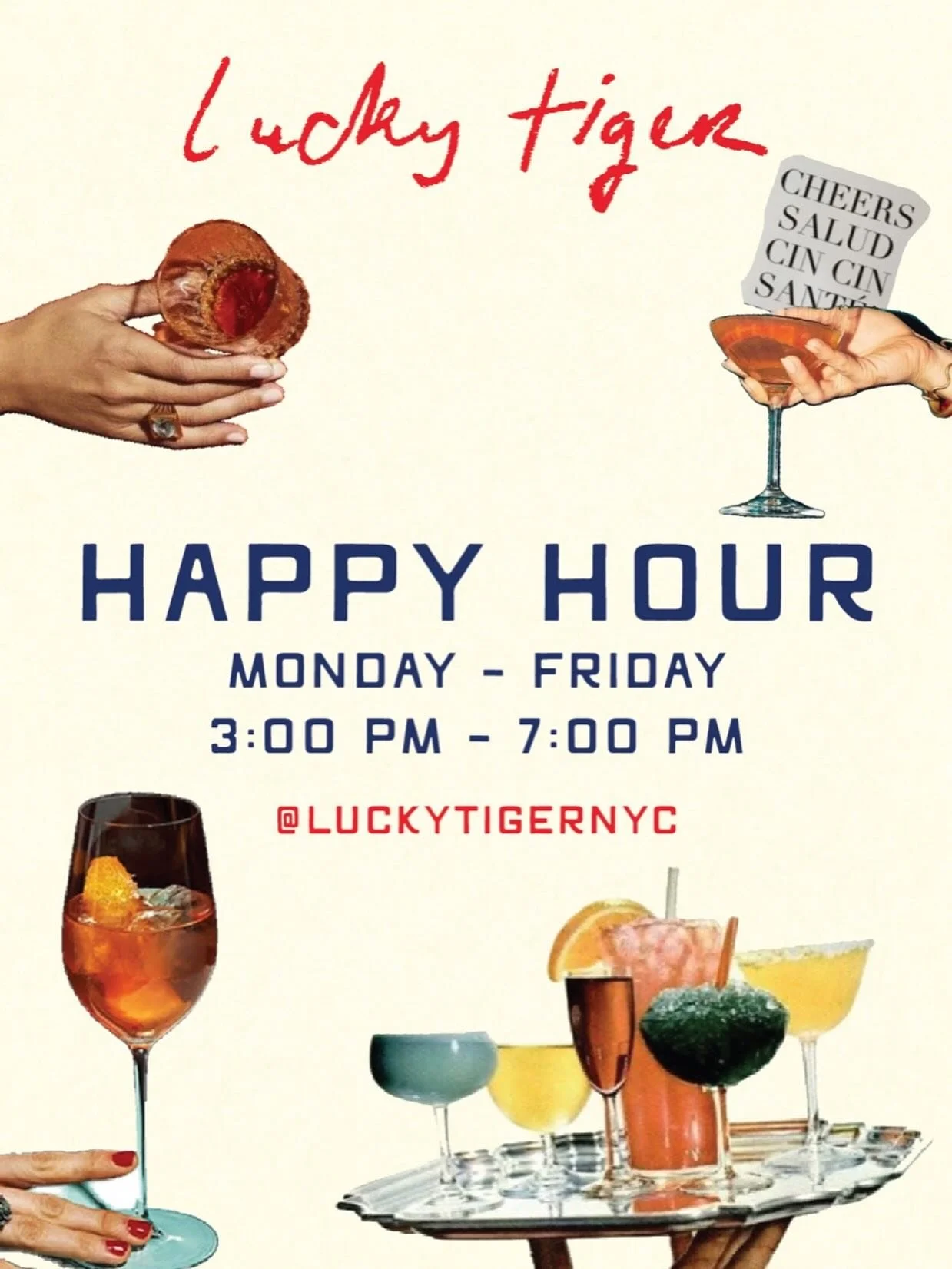 Making after-work plans? 🍸

Happy hour runs from 3pm at Lucky Tiger &mdash; with mini cocktails, mocktails, and bites worth hanging around FiDi for.
Check our story to see the full menu 🐅