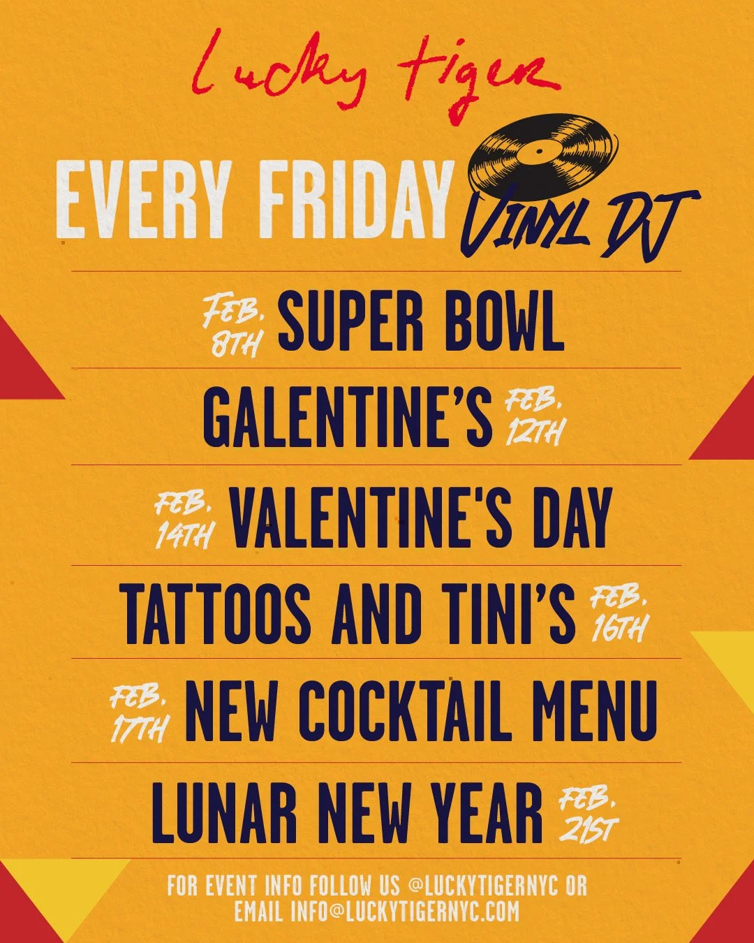 Event schedule at Lucky Tiger NYC with weekly Friday events including Superbowl on February 8th, Galentine's on February 12th, Valentine's Day on February 14th, Tattoos and Tini's on February 16th, New Cocktail Menu on February 17th, and Lunar New Year on February 21st.