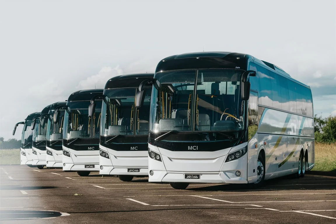 Five modern white and black buses parked in a row on an empty paved lot with grass and cloudy sky in the background.