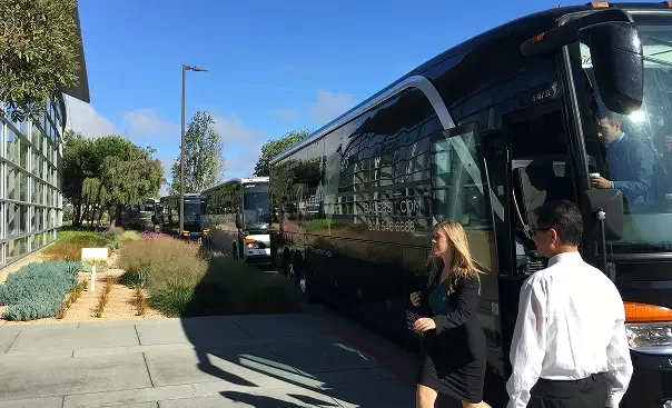 Two people walking past parked black buses on a street with greenery and a building on the left, and a lamp post and trees in the background.
