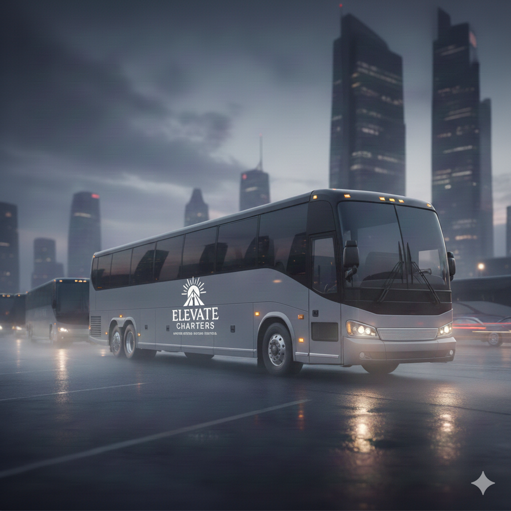 A large tour bus with the logo 'Elevate Charters' on the side, parked in an urban setting with tall skyscrapers in the background during a rainy, overcast day.