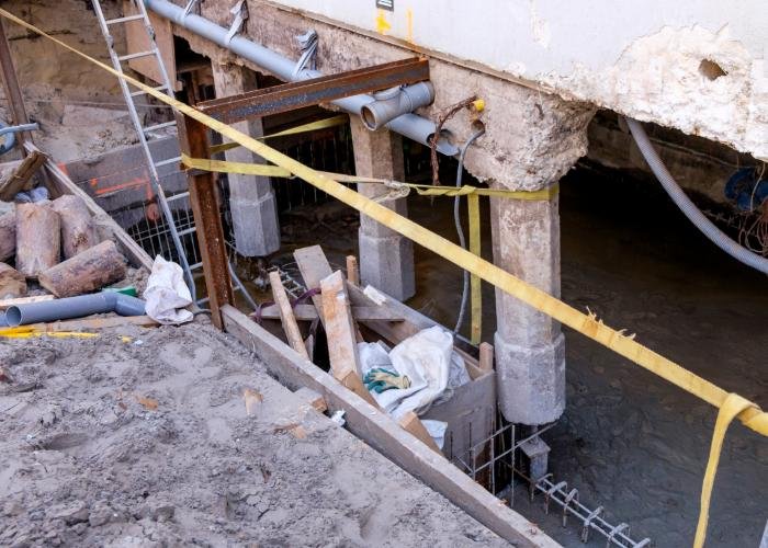 Construction site with exposed concrete pillars, pipes, rebar, and caution tape.