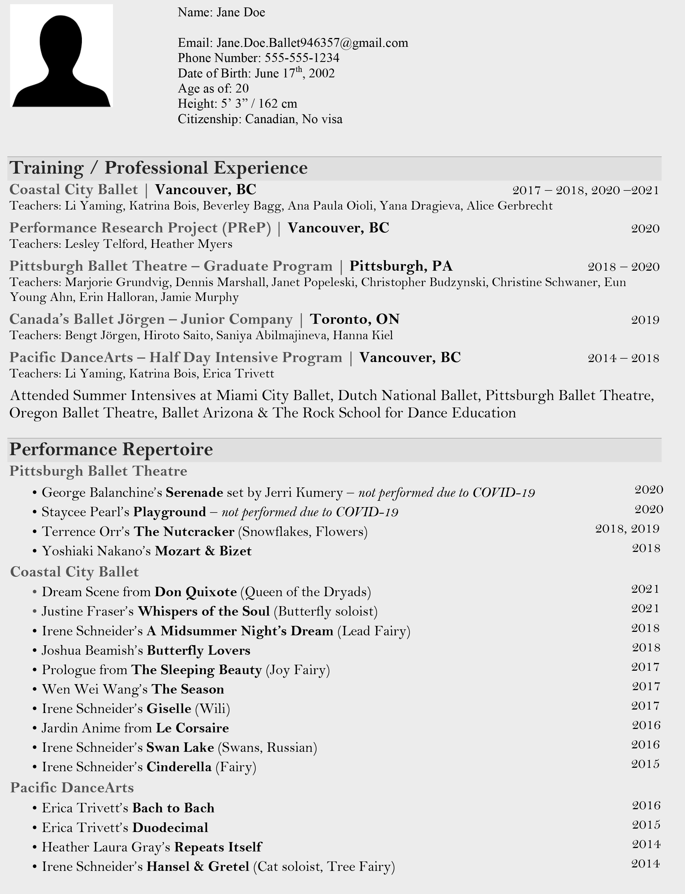 A resume with personal details and dance performance experience, including ballet training, research projects, and repertory performances.
