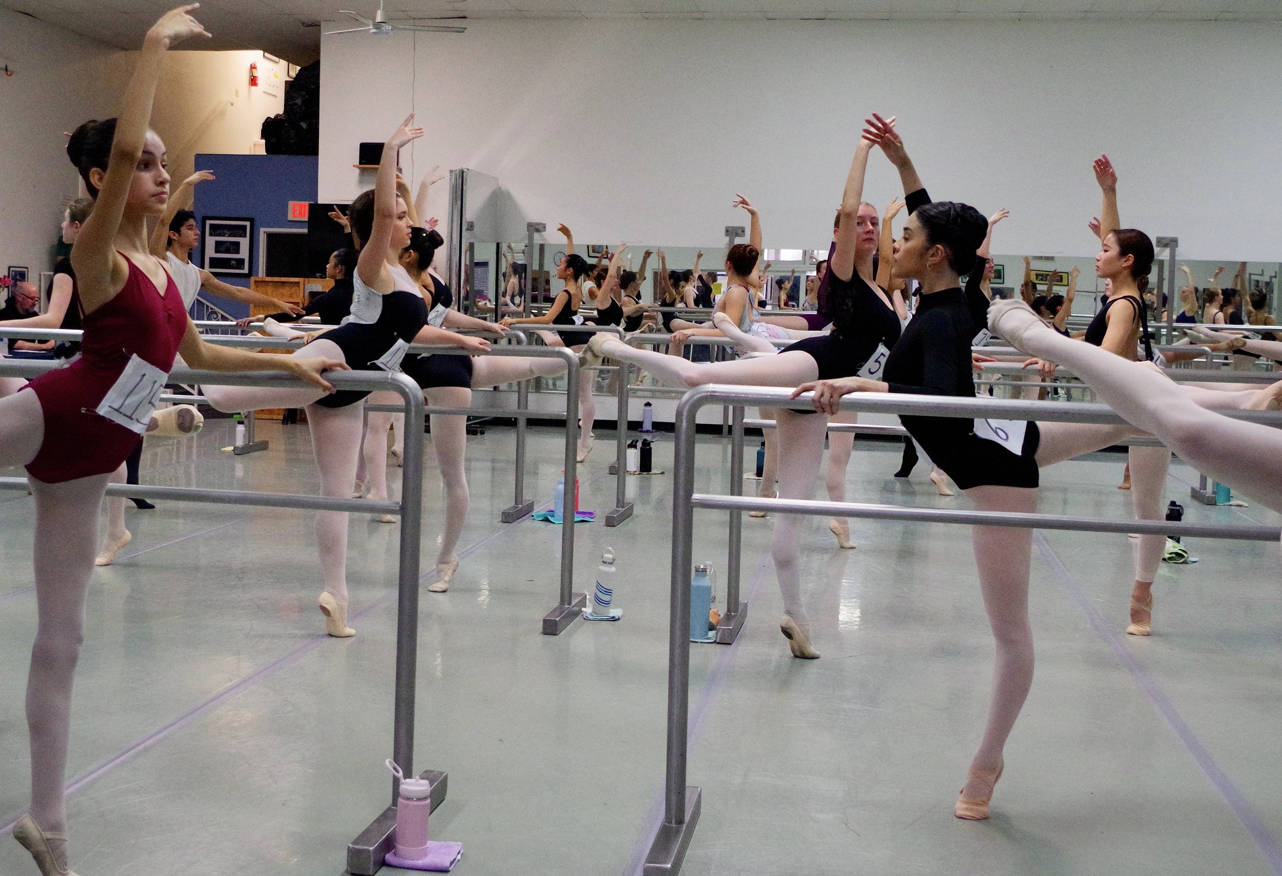 Group of young ballerinas practicing at a ballet barre in a dance studio, wearing leotards, tights, and pointe shoes, with mirrors reflecting their movements.