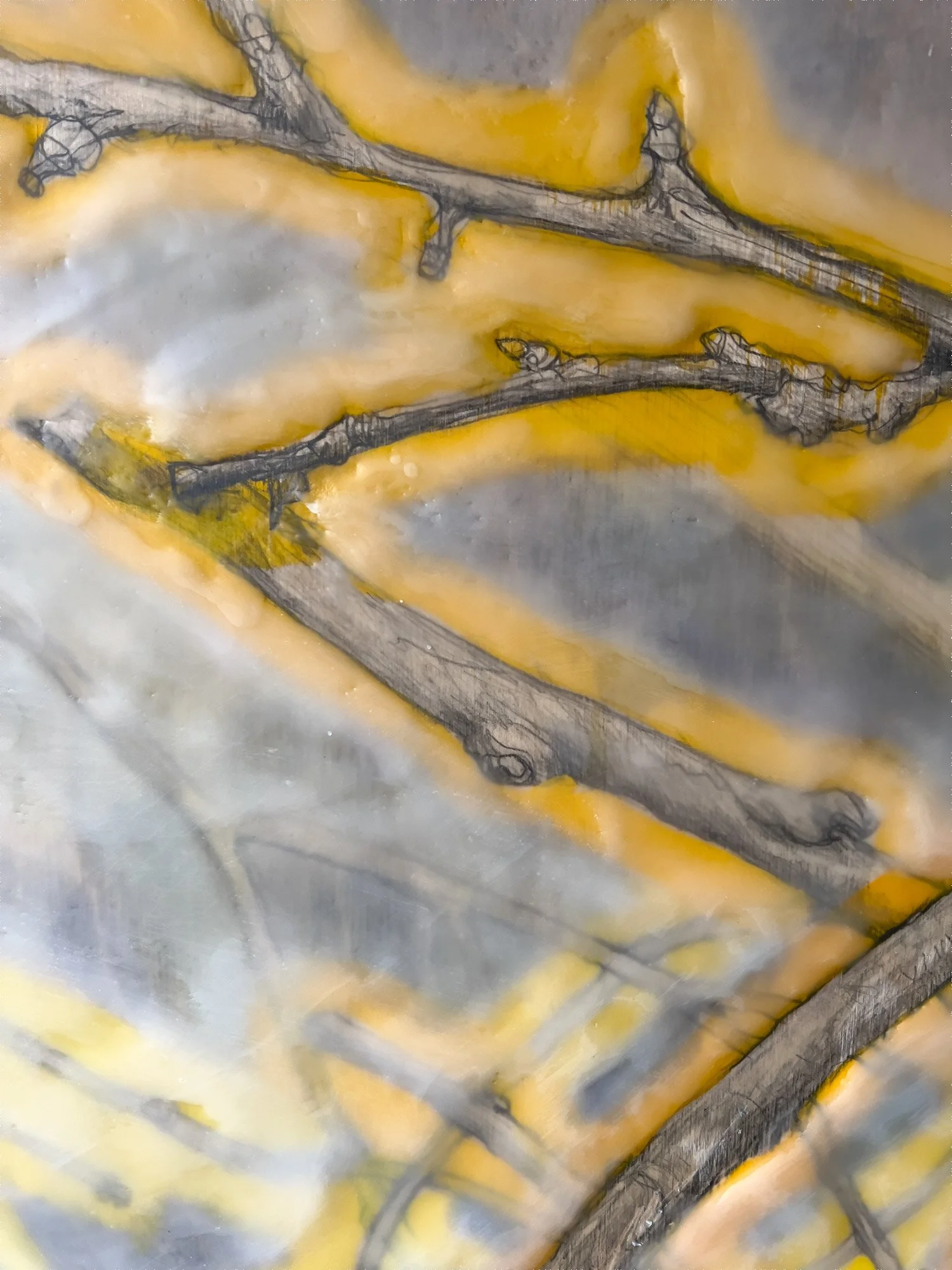 Detail – At the Bus Stop — 2025, Wax, pigment, graphite, and resin on cradled panel