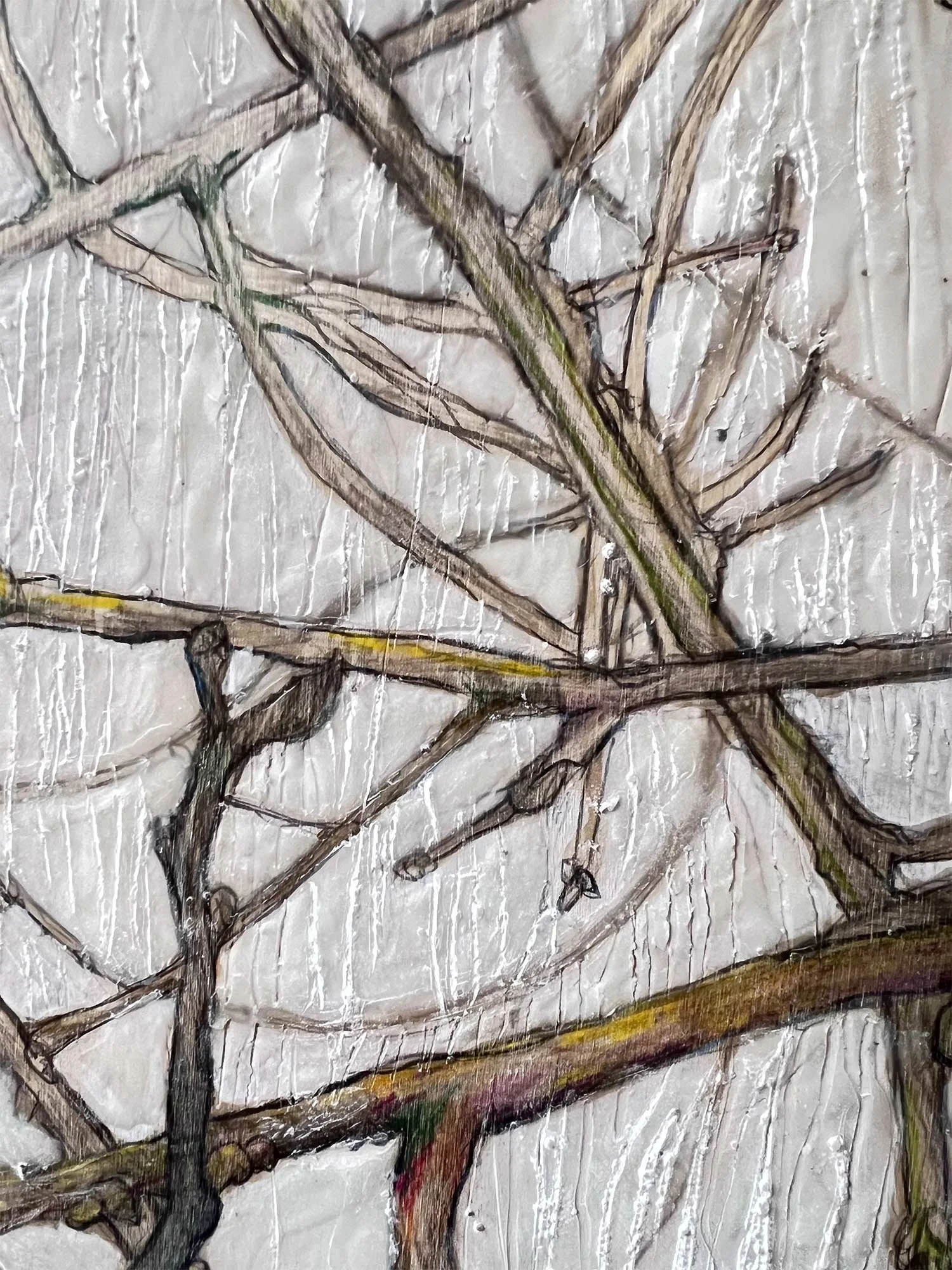 Detail–Tussle in the Woods — 2025, Wax, pigment, watercolor pencil, graphite, and resin on cradled panel