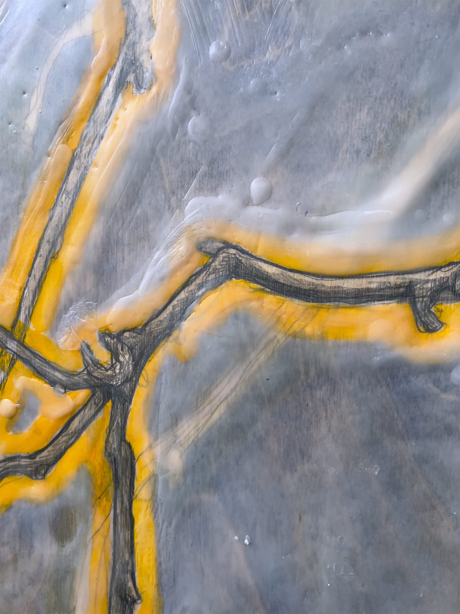 Detail – At the Bus Stop — 2025, Wax, pigment, graphite, and resin on cradled panel