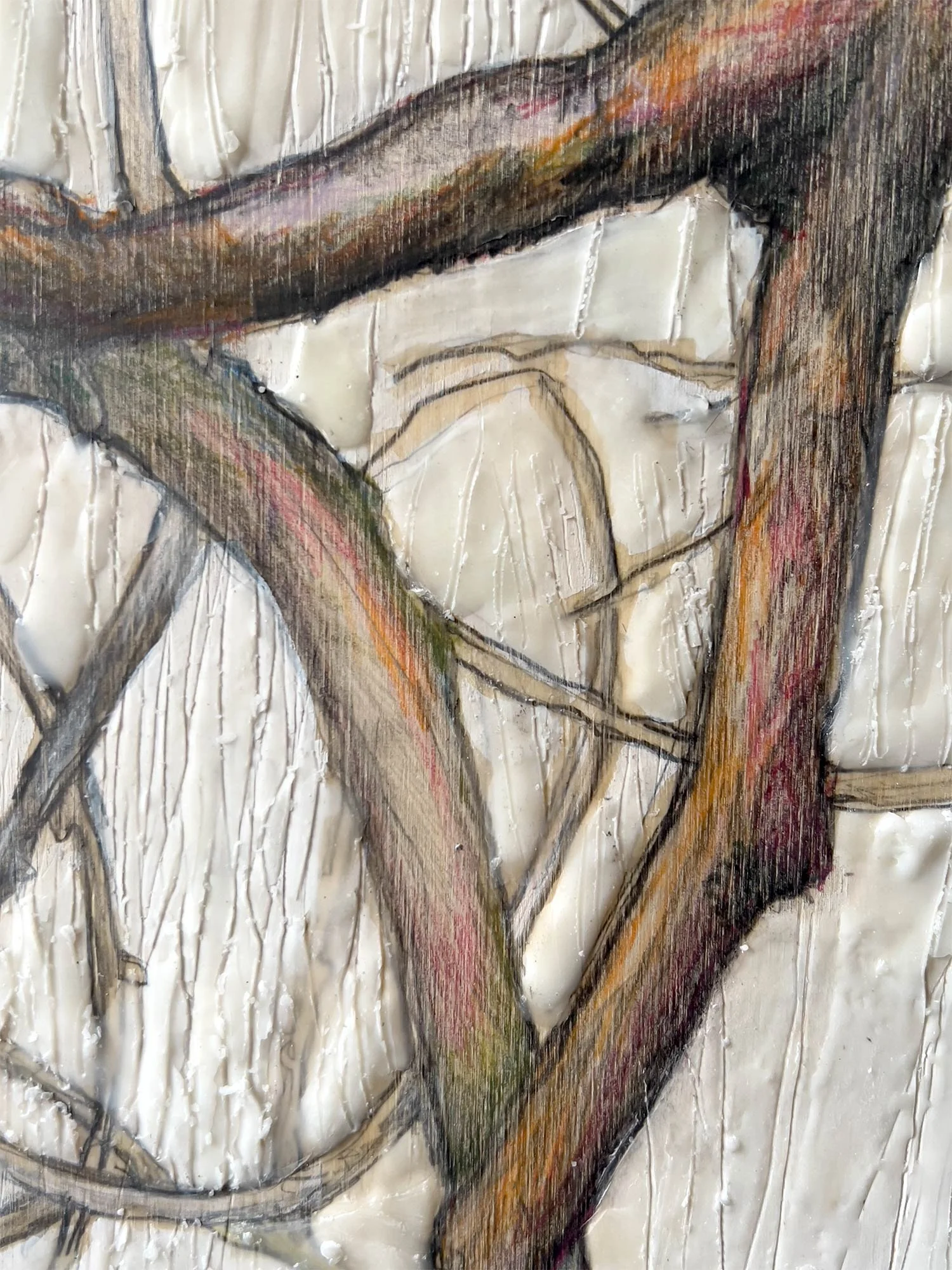 Detail–Tussle in the Woods — 2025, Wax, pigment, watercolor pencil, graphite, and resin on cradled panel