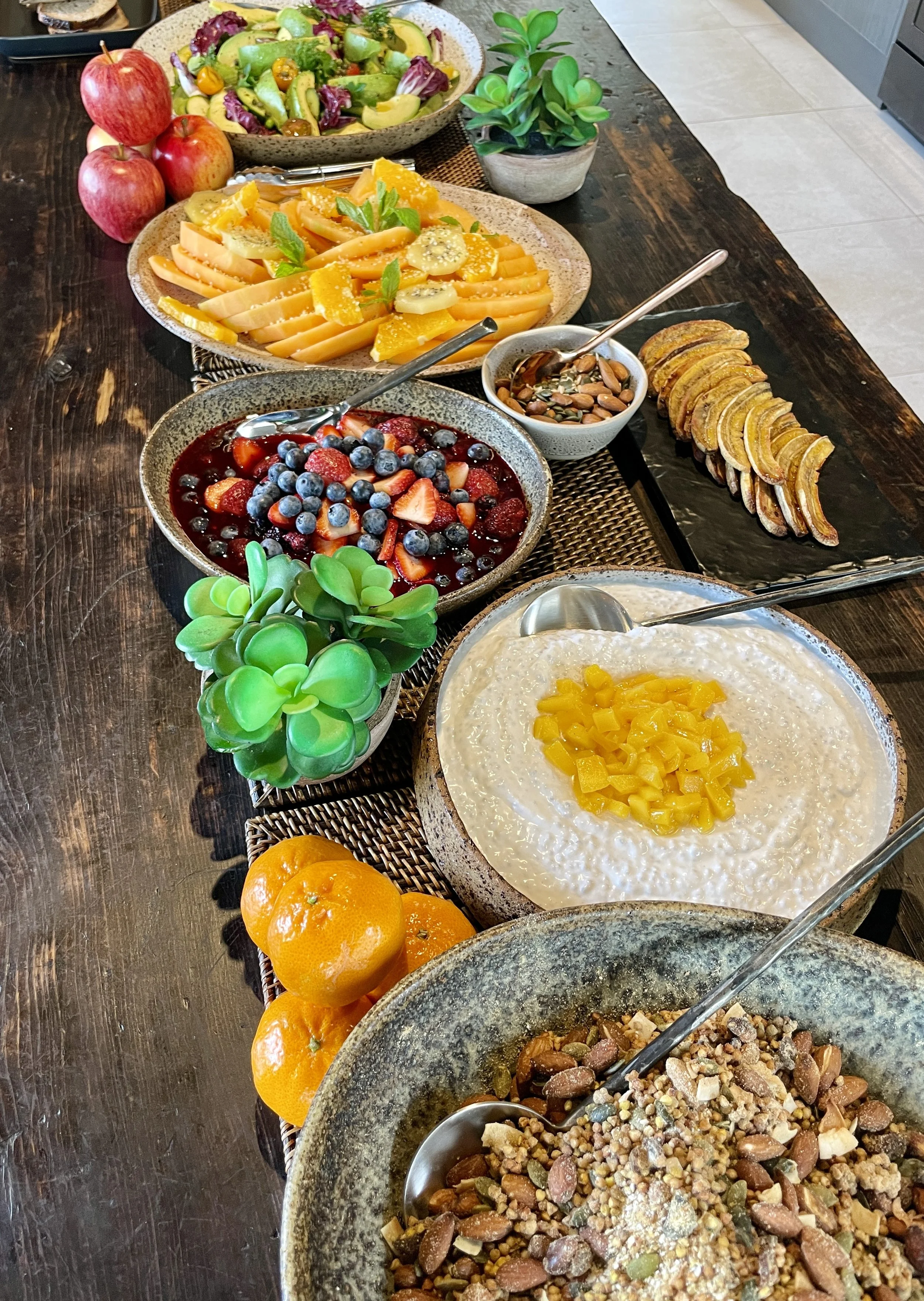 Fresh abundant breakfast foods for a yoga retreat menu