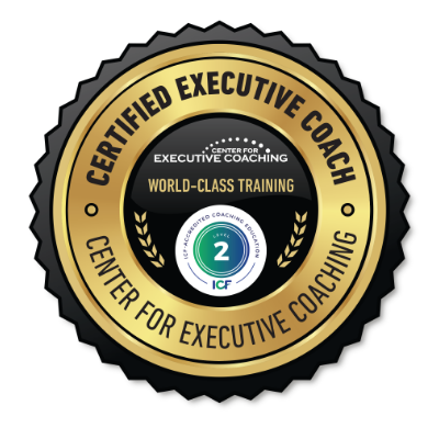 Gold and black circular badge displaying certification for executive coaching, with text stating 'Certified Executive Coach' and 'Center for Executive Coaching', and a central emblem reading 'World-Class Training' and 'ICF Level 2'.
