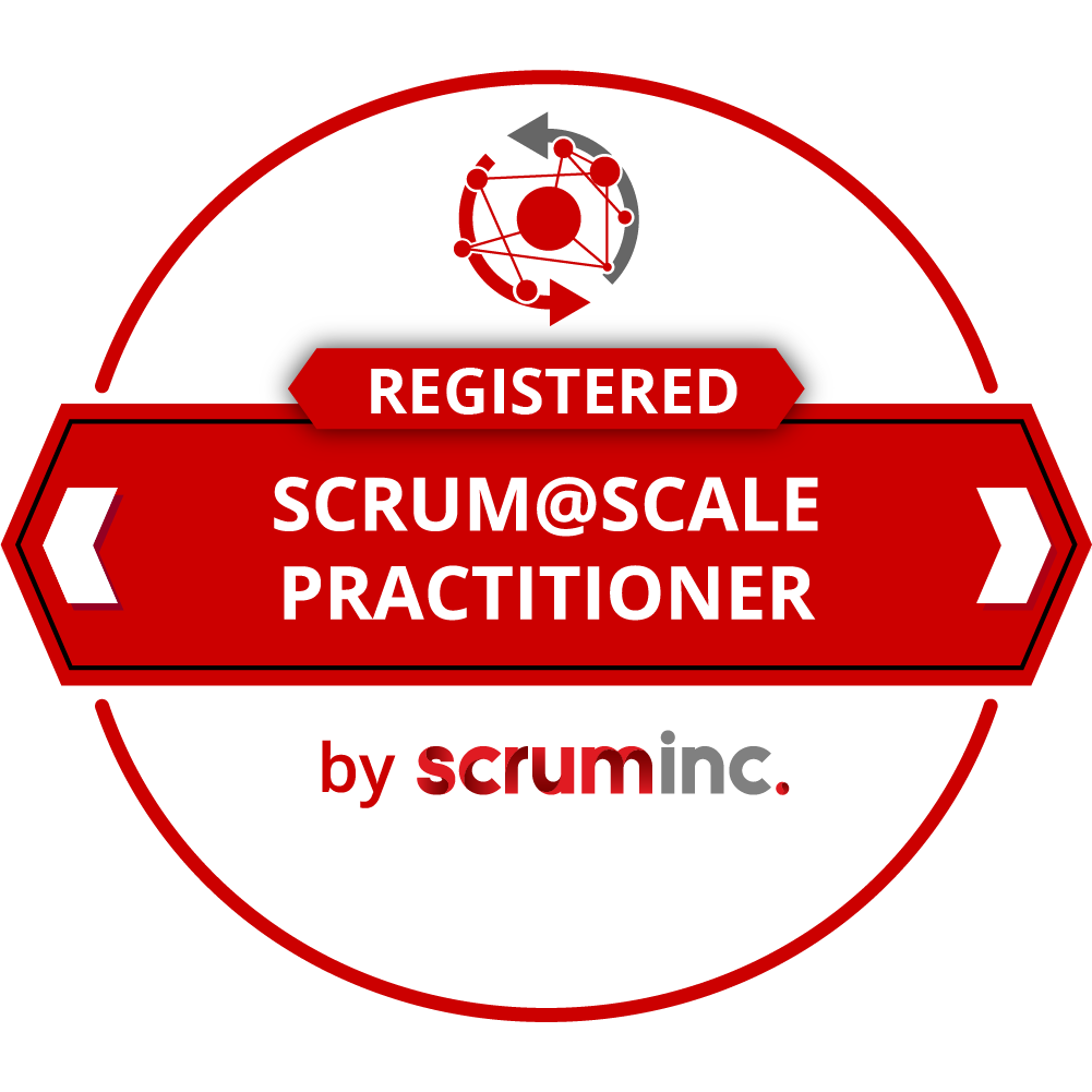 Circular badge with text 'Registered Scrum@Scale Practitioner by Scrum Inc.' in red and white, featuring a small diagram of interconnected nodes at the top.