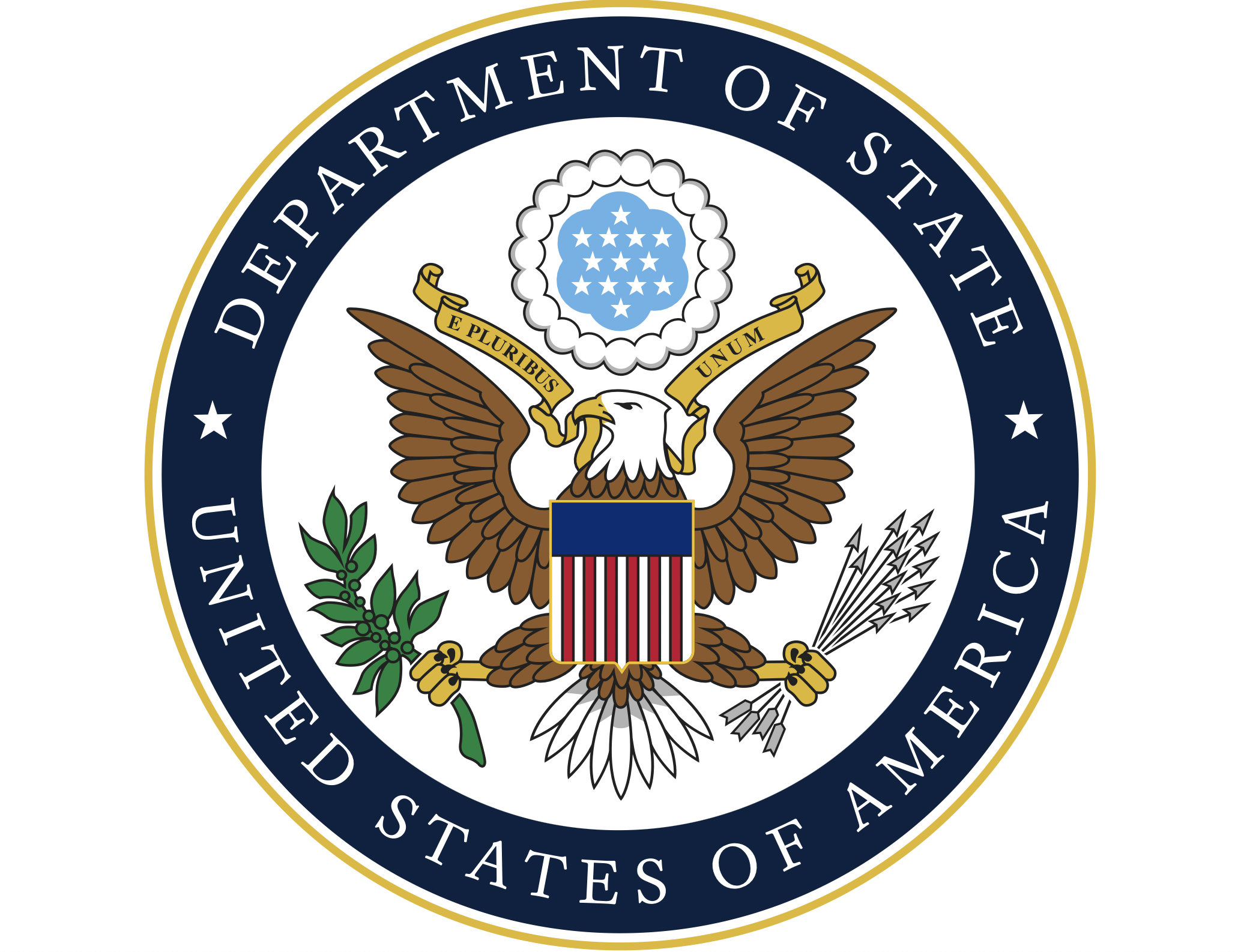 Seal of the U.S. Department of State, featuring a bald eagle holding an olive branch and arrows, with a shield on its chest, and a circle of stars above its head.