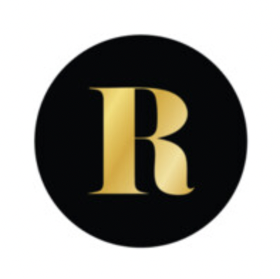 Gold letter R on a black circular background