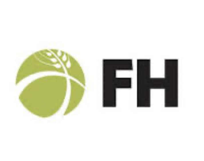 Green abstract globe logo with white lines and the letters FH in black beside it.