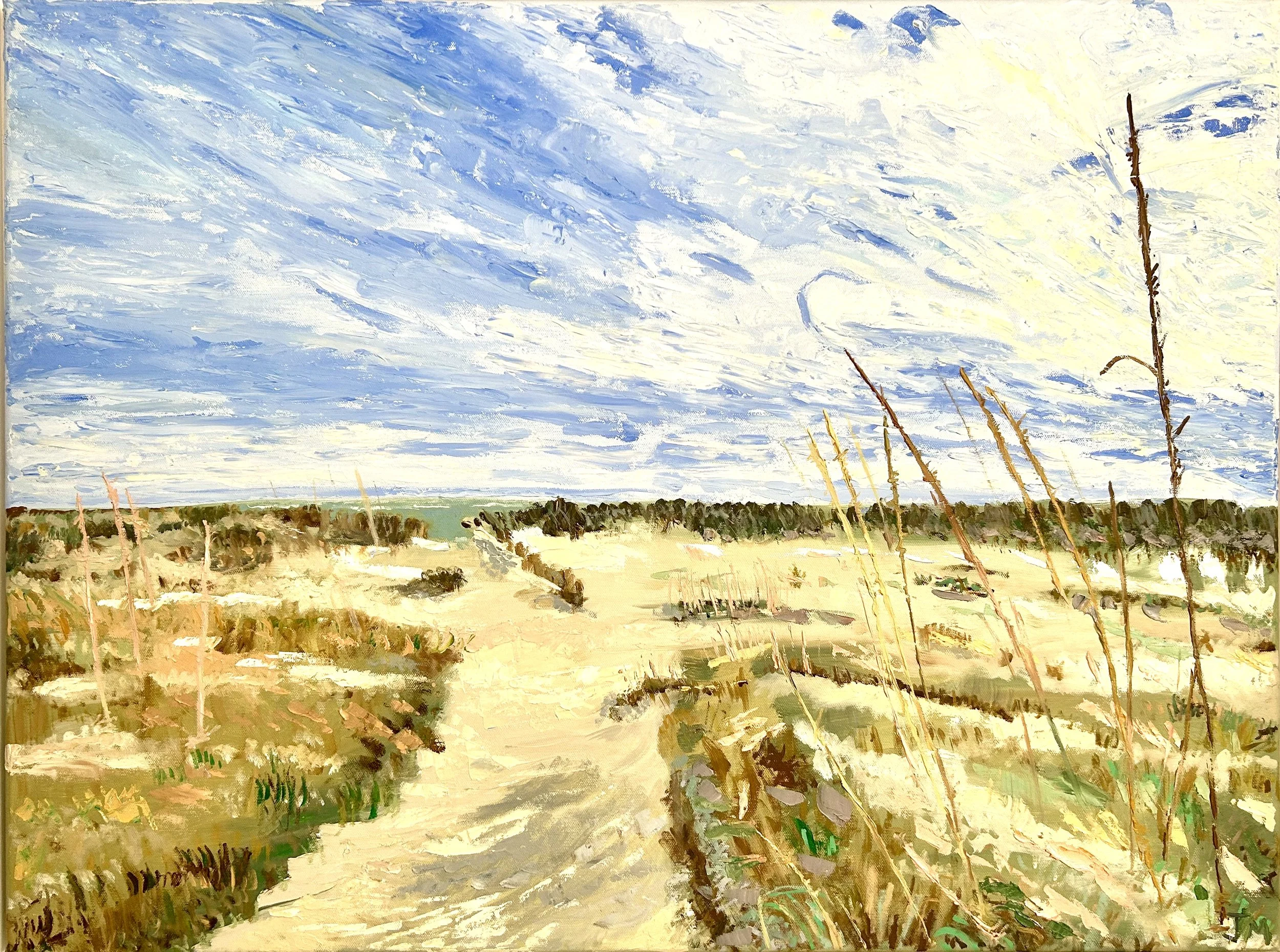 An oil on canvas impressionist painting of a seascape featuring a sand path, fields with dried grass and sparse green plants, a small cluster of trees, and a sky with swirling clouds painted in shades of blue, white, and yellow.