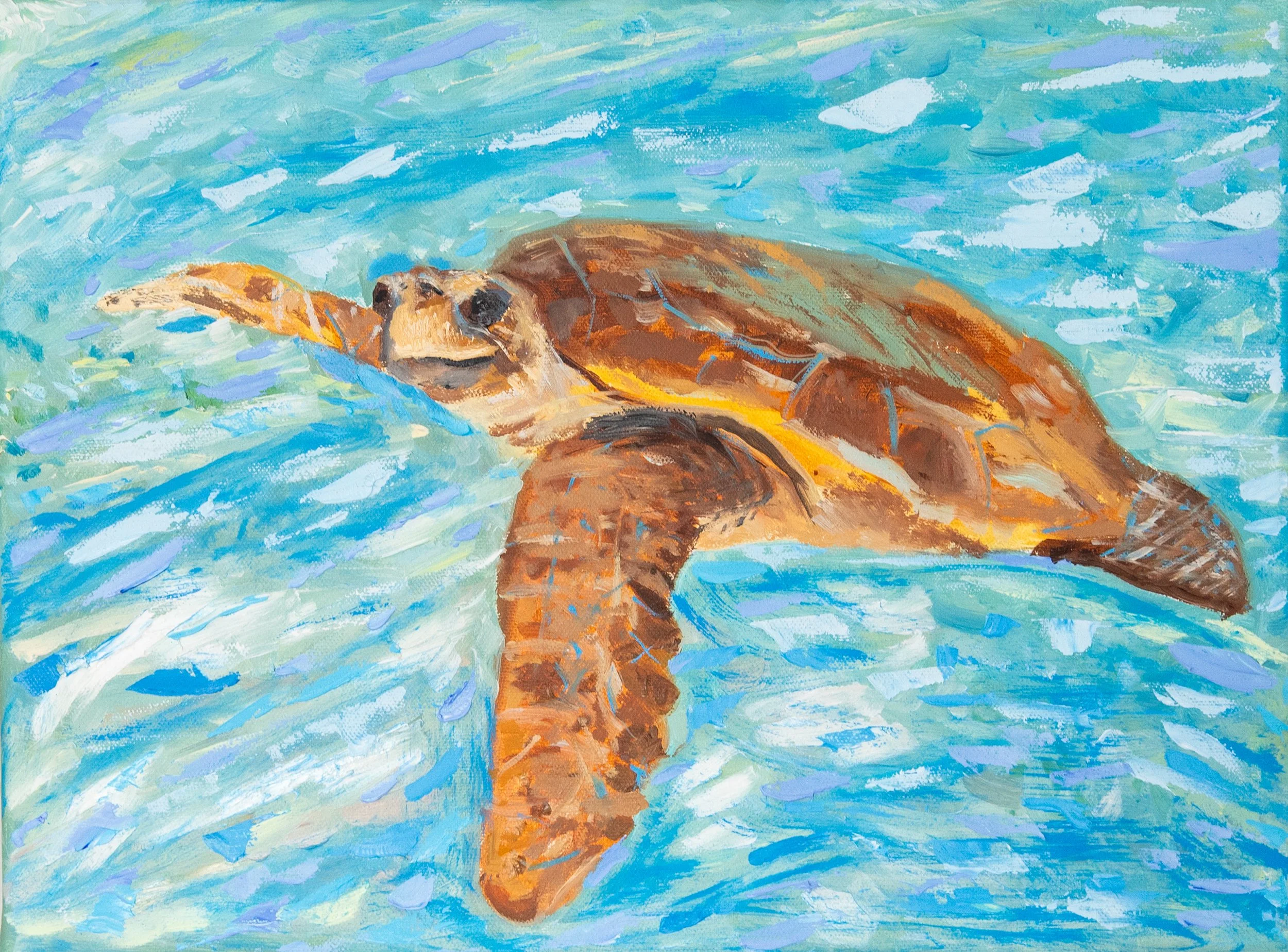 An oil on canvas painting of a sea turtle swimming in the ocean with shades of blue and brown, with its head and one flipper visible. Commissioned artwork