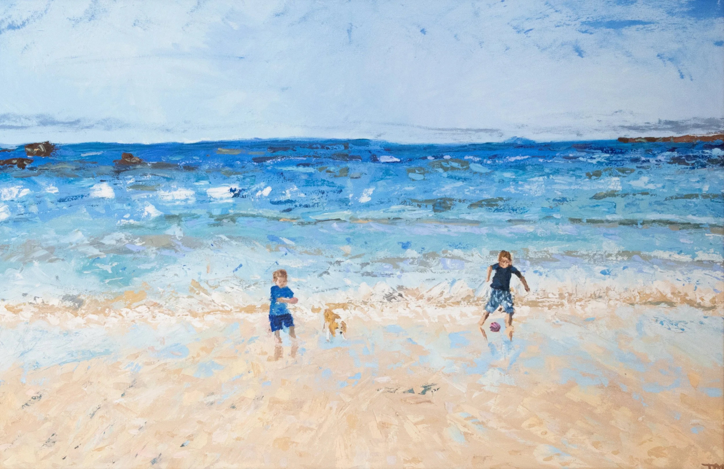 Oil on canvas impressionist Painting of two children and a dog playing on a sandy beach near the ocean, with blue waves and a partly cloudy sky in the background. commissioned artwork