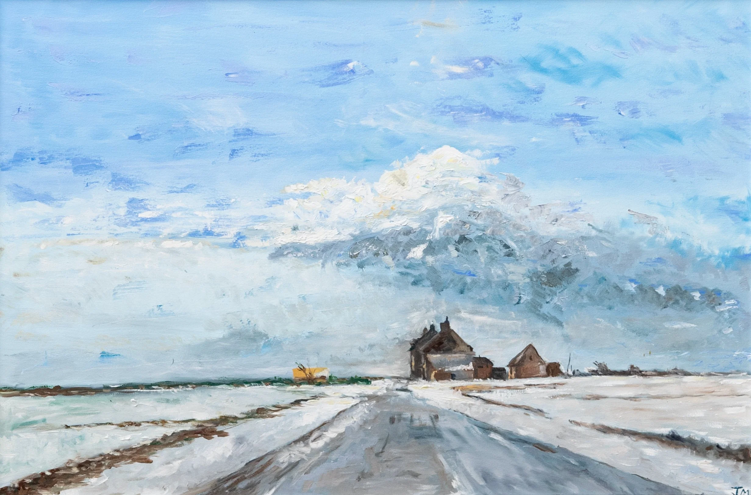 An Oil on canvas impressionist painting of a rural landscape with a snow-covered road leading to buildings, under a cloudy sky with mountain in the distance.
