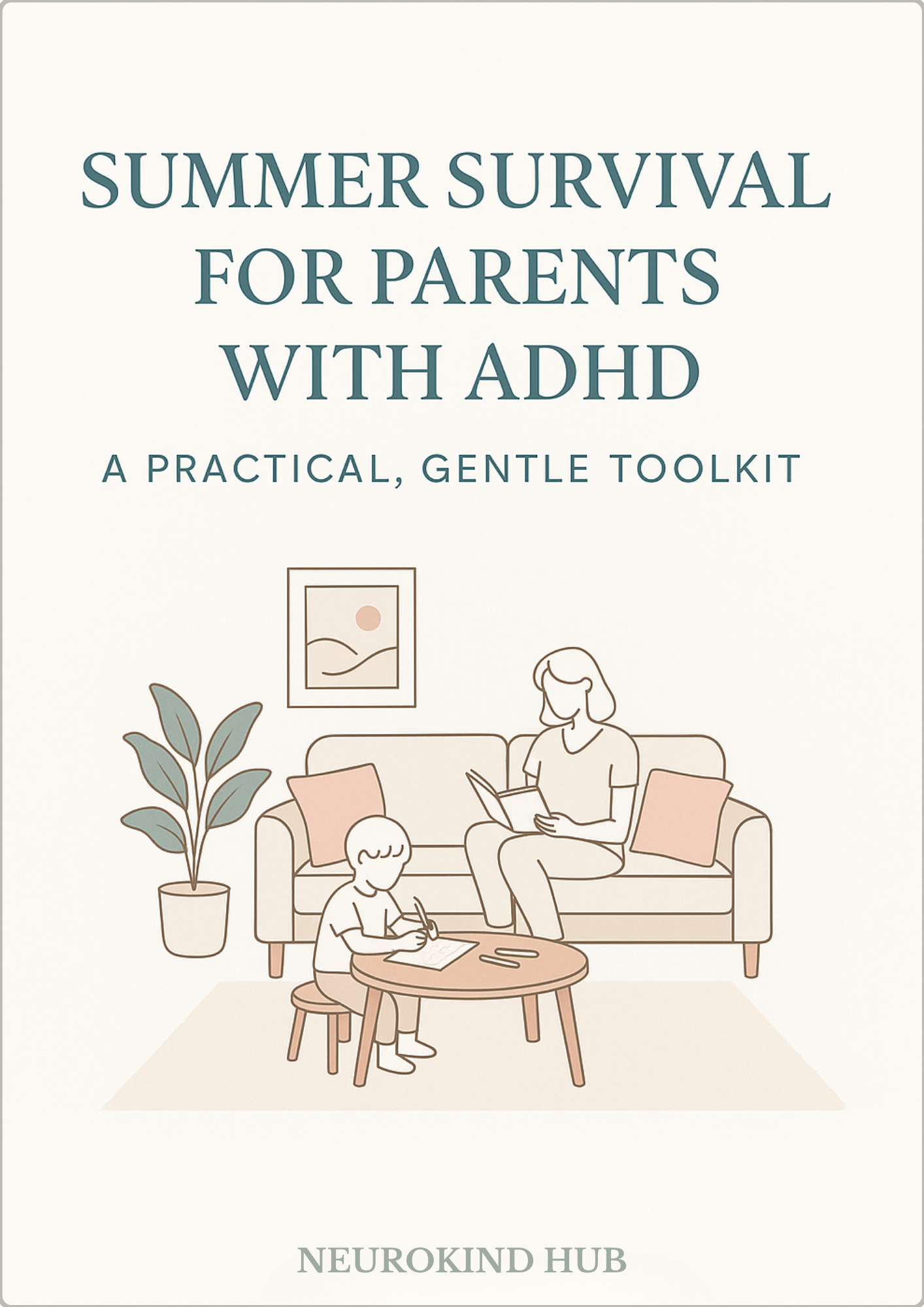 Book cover titled 'Summer Survival for Parents with ADHD: A Practical, Gentle Toolkit' featuring a line drawing of a woman and a child sitting in a living room, with a picture on the wall, a potted plant, and cushions on a sofa. The publisher is NeuroKind Hub.