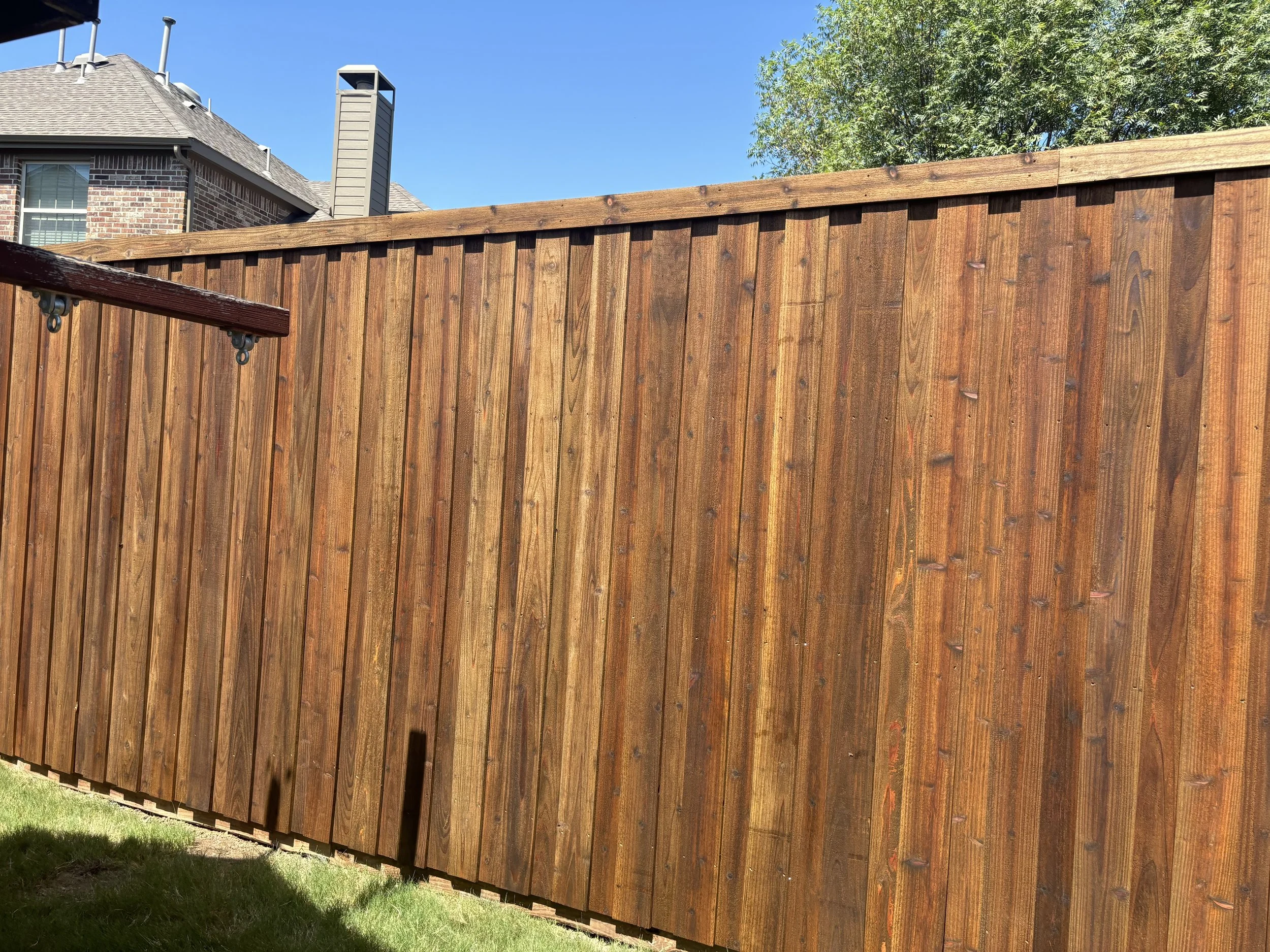 A tall wooden privacy fence with vertical planks surrounds a backyard. Part of a house with brick walls and a chimney is visible in the background, along with a hanging swing on the left side. The sky is clear and blue, and there are trees visible be