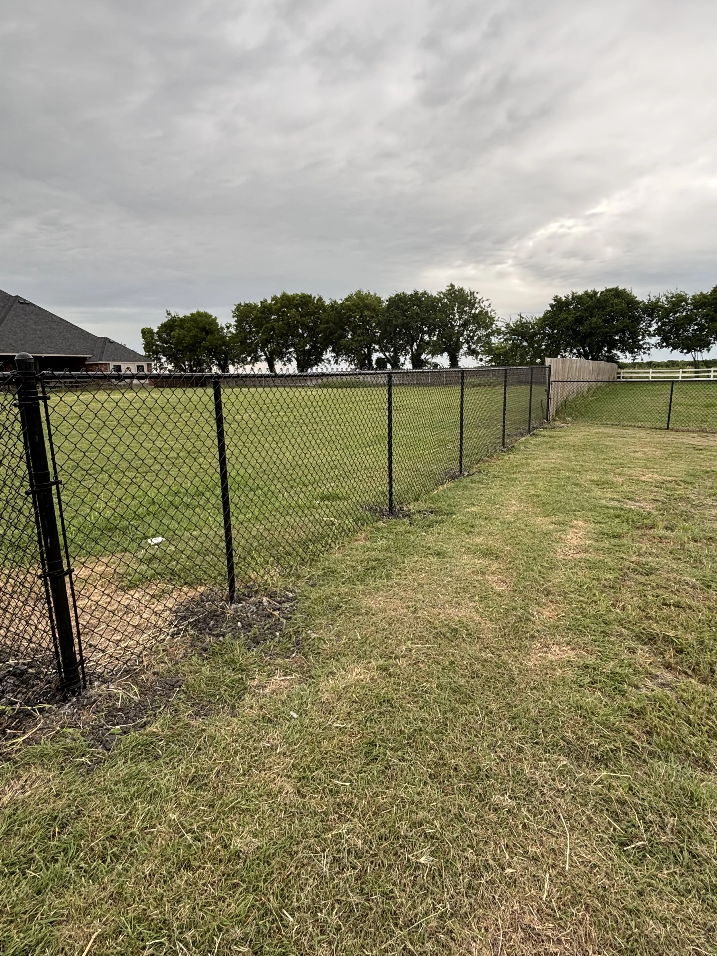 A black metal chain-link fence running alongside a grassy yard under a cloudy sky, with trees and a house in the background.