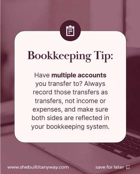When you move money between accounts, for example, from your checking account to your savings account, your bookkeeping should show both sides of that transfer:⁠
⁠
- Money leaving one account⁠
⁠
- Money arriving in the other⁠
⁠
If you only record one