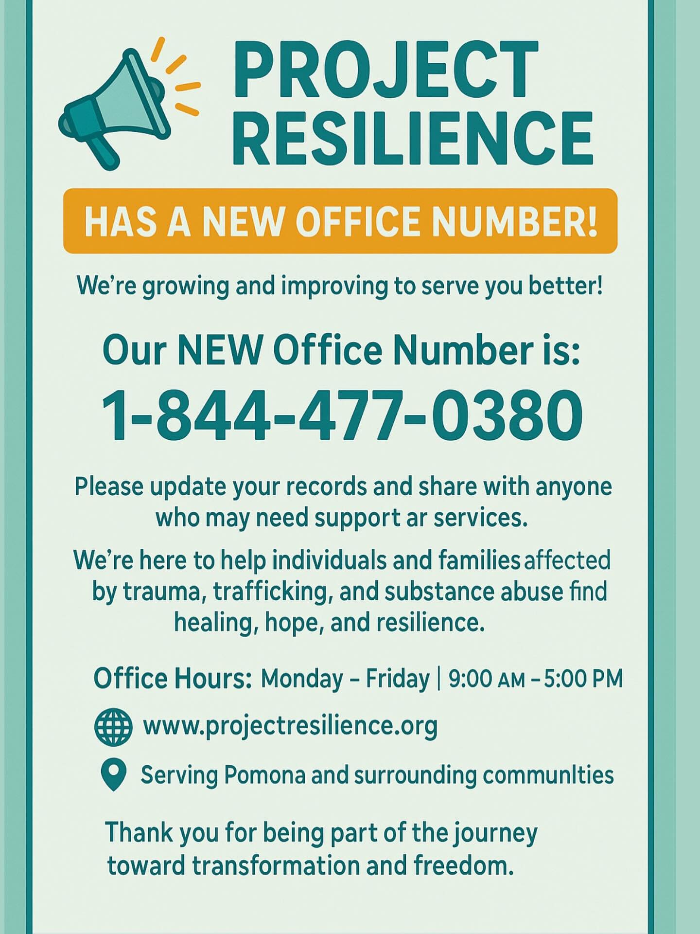 🚨 Important Update from Project Resilience 🚨
We’re excited to share that our office has a new number!
📞 Call us at: 1-844-477-0380
📱 Or reach our work cell at: 909-643-1635
As we continue growing and building our infrastructure, we’