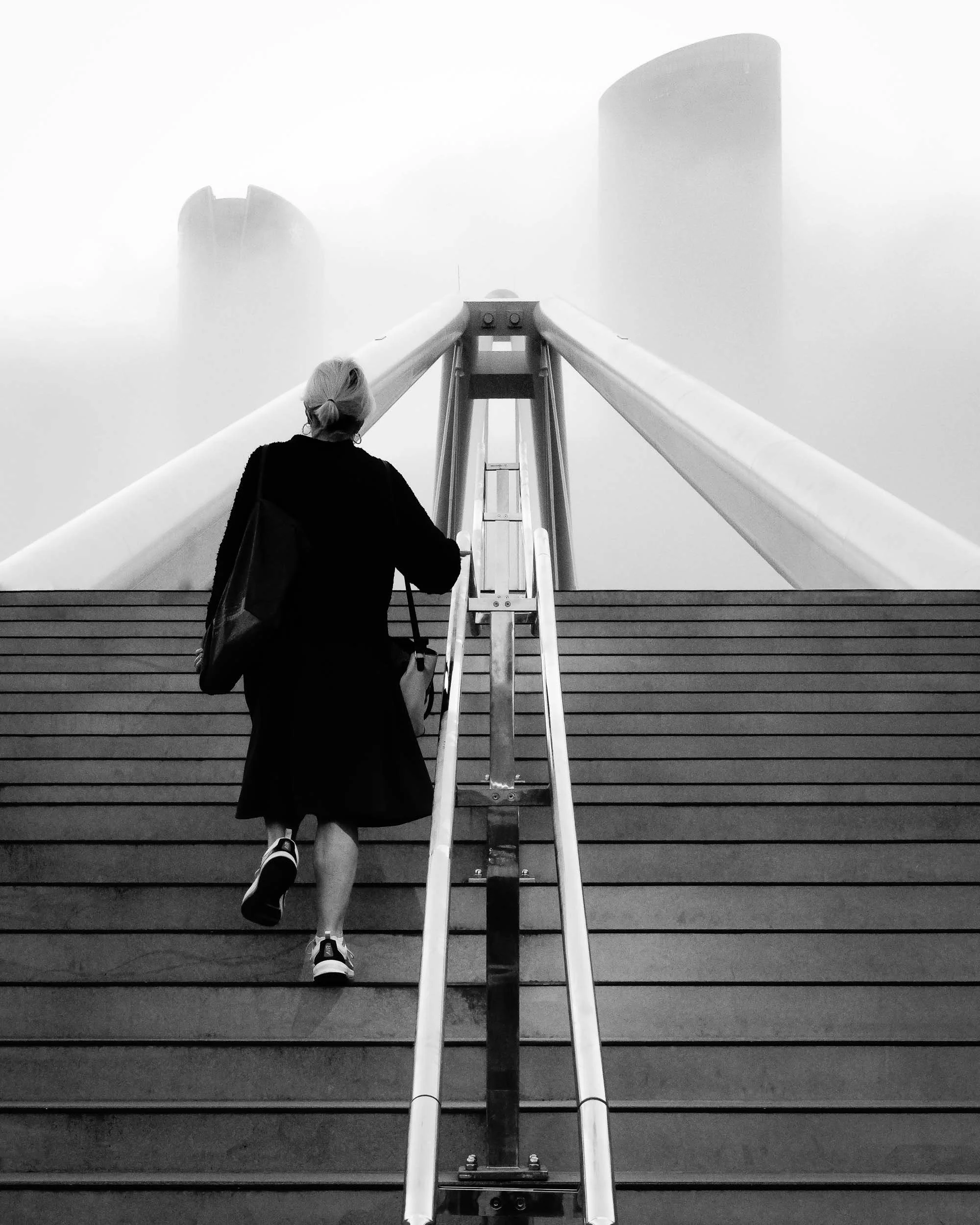 Steps into the Unseen: With each deliberate step, she boldly embraces the unknown. Walking into the ethereal fog, a profound journey of courage beautifully unfolds, revealing that clarity often awaits just beyond the visible, eternally captured.