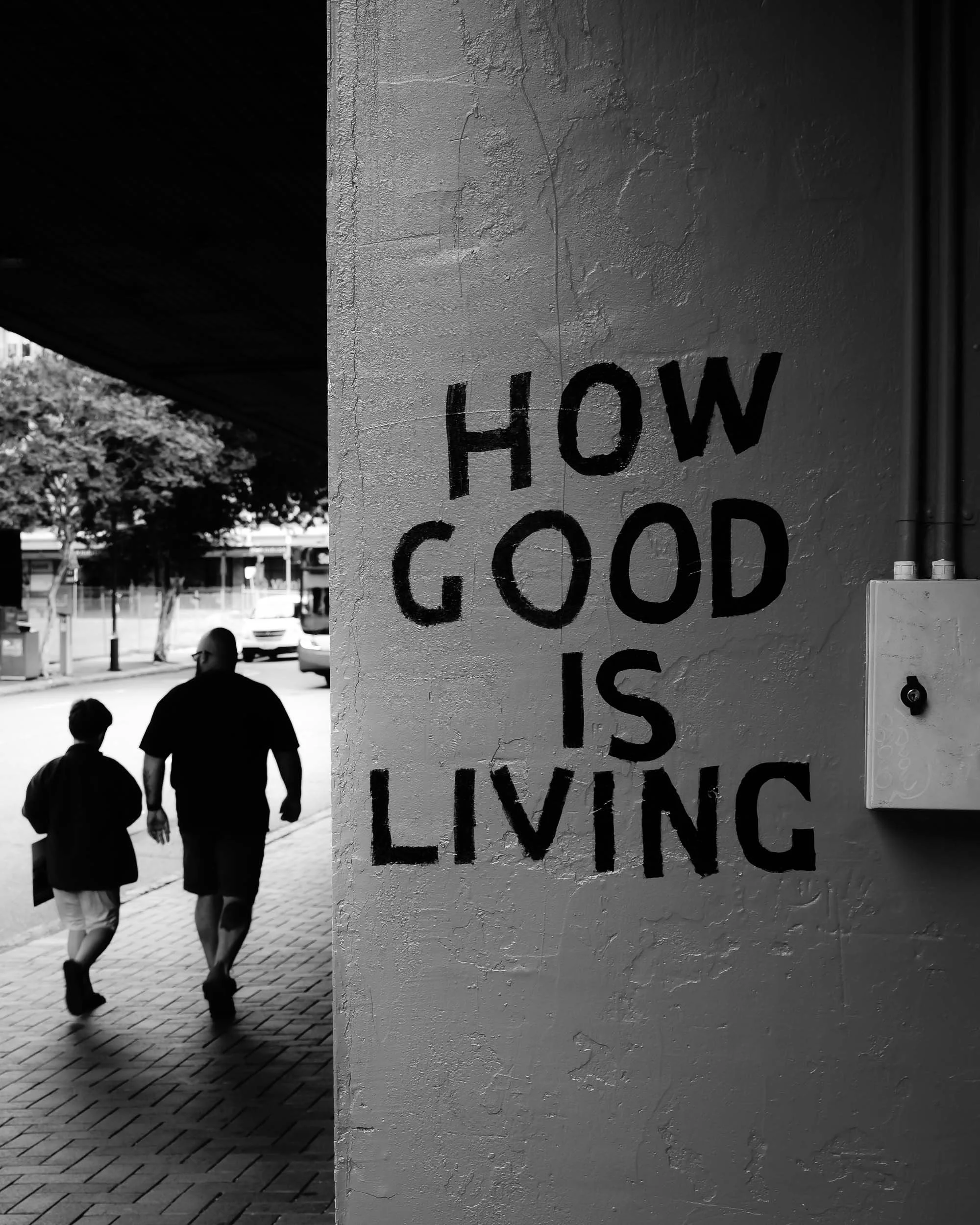 Simple Truths: Walking life's sunlit path, a father and son embody profound, unvarnished joy. "How good is living" softly echoes from the wall, a shared visual reminder of life's exquisite and everyday beauty.