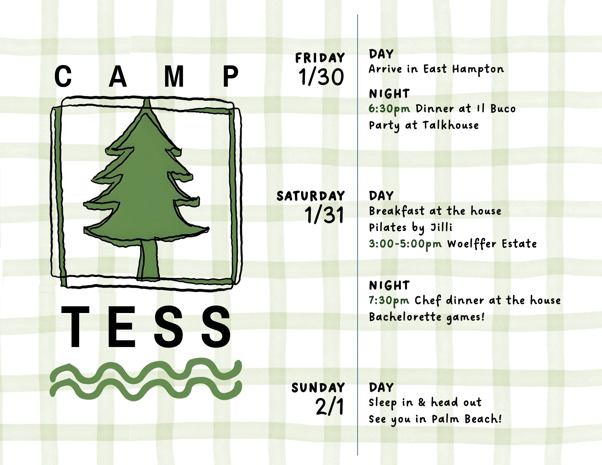 tess's bachelorette invitation & intinerary