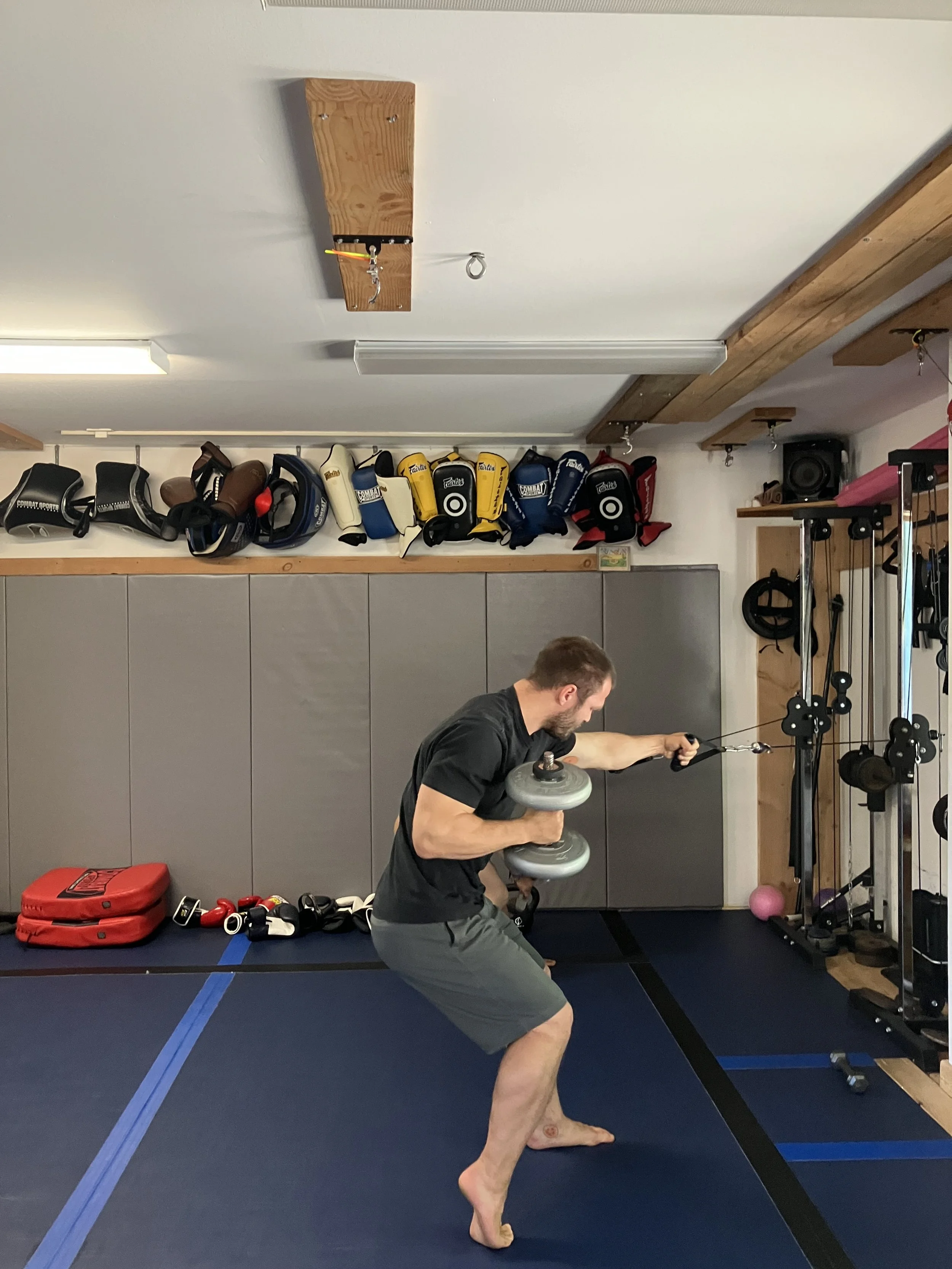 A man working out in a gym, holding dumbbells in one hand and a cable handle in the other, in a squatting position. Gym equipment and boxing gloves are visible in the background.