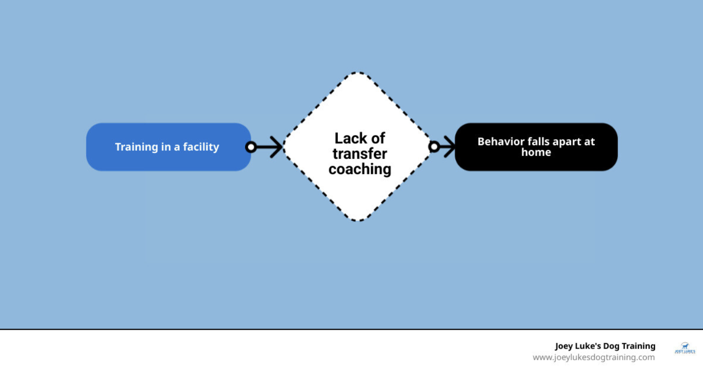 Context generalization diagram showing dog training transfer from facility to home infographic