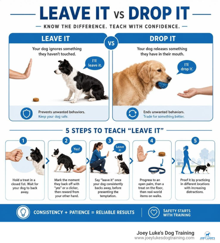 Infographic comparing leave it vs drop it commands with step-by-step training overview infographic
