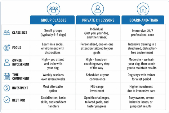 diagram comparing group classes, private lessons, and board-and-train pathways