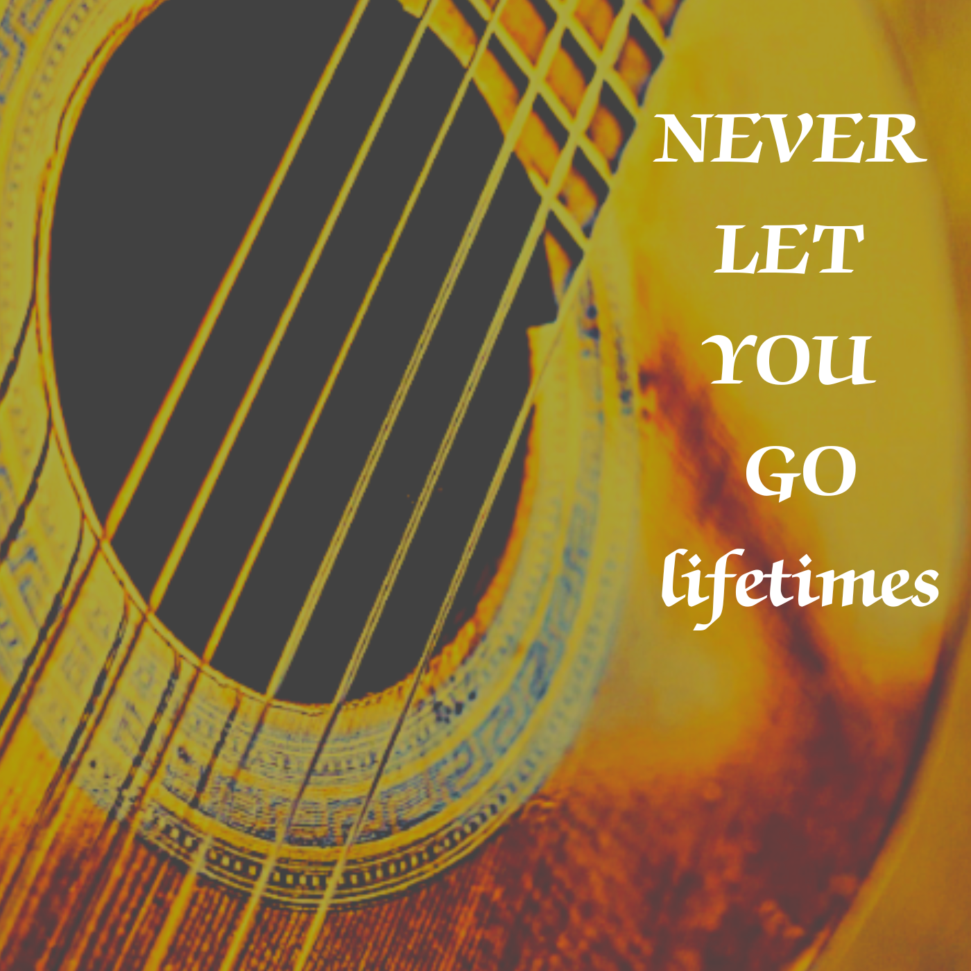 Cover of album titled 'NEVER LET YOU GO LIFETIMES' by K.M. MacKinnon featuring a close-up of an acoustic guitar with a wooden top and strings.kmmackinnon.com guitarist and composer music available at YouTube, Spotify, Apple Music