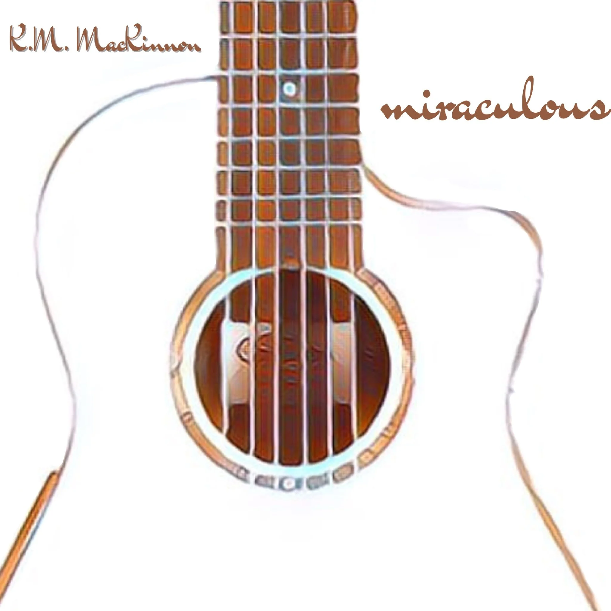 Cover of album titled 'MIRACULOUS' by K.M. MacKinnon featuring a close-up of an acoustic guitar with a wooden top and strings.kmmackinnon.com guitarist and composer music available at YouTube, Spotify, Apple Music