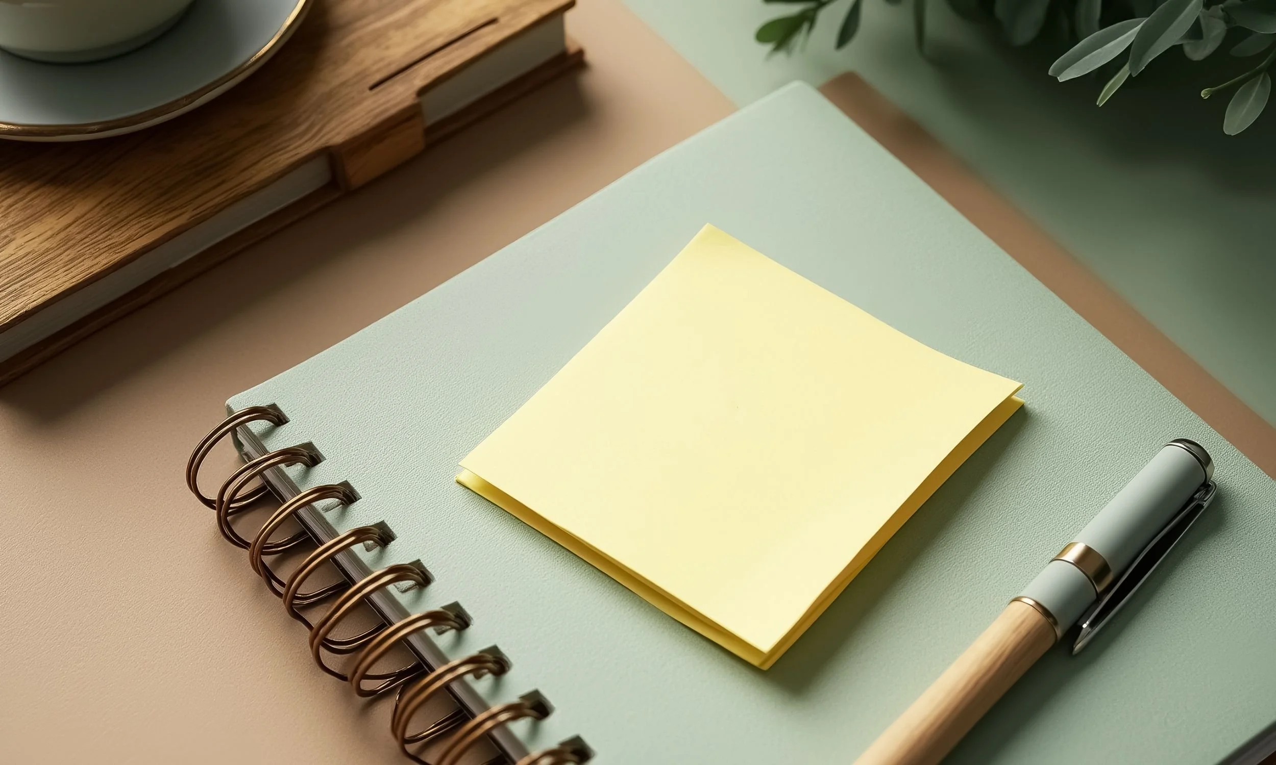 Yellow post-it notes on top of spiral-bound note pad sitting on desk