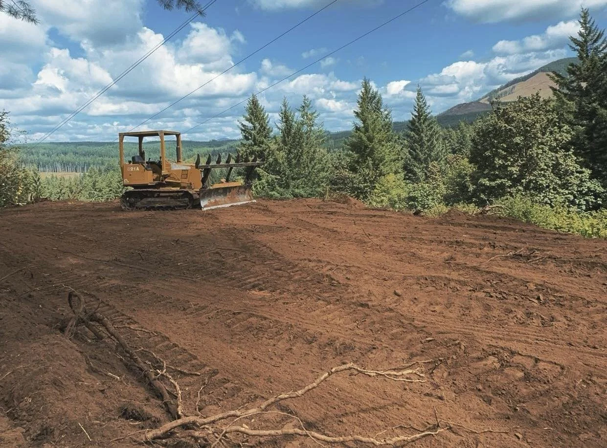 A bulldozer working on a cleared land area with trees and mountains in the background under a partly cloudy sky.