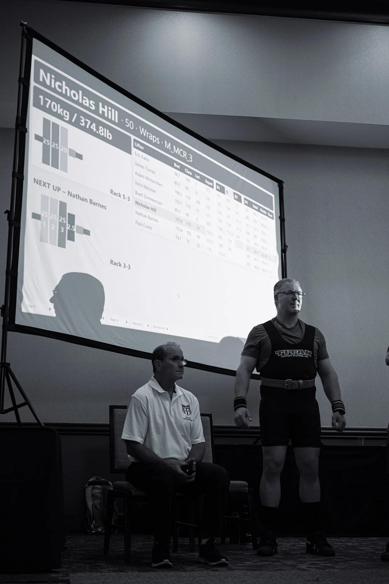 Three men are involved in a presentation or event. Two men are seated, one in white attire and the other partly visible in front of a large screen displaying data, the third man is standing, wearing black shorts, a t-shirt, wristbands, and glasses, w