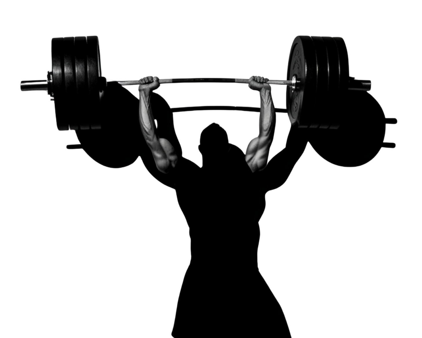 Silhouette of a person lifting a large barbell with multiple weight plates in a dark background