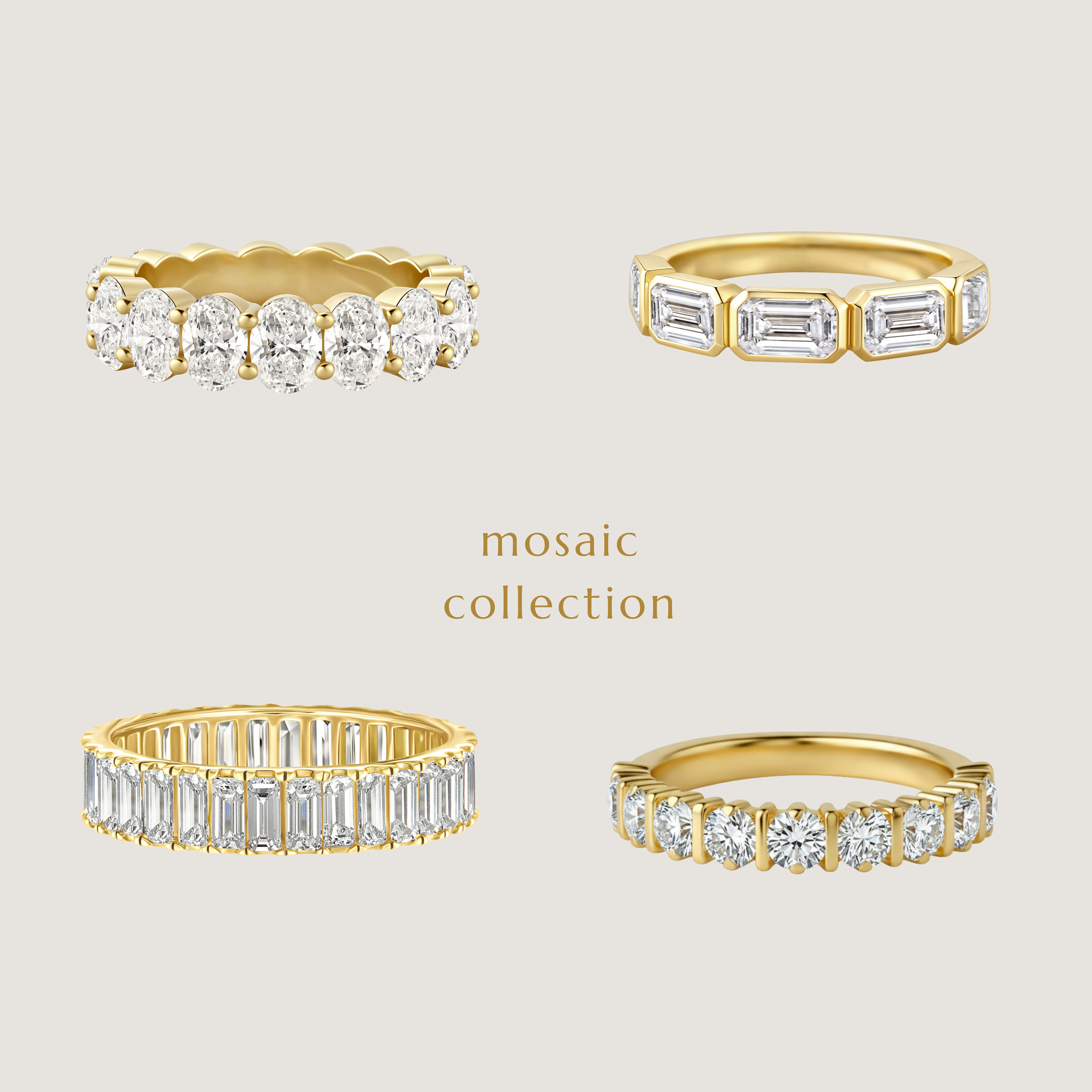 Four gold rings with diamond accents arranged around the text 'mosaic collection' on a light background.
