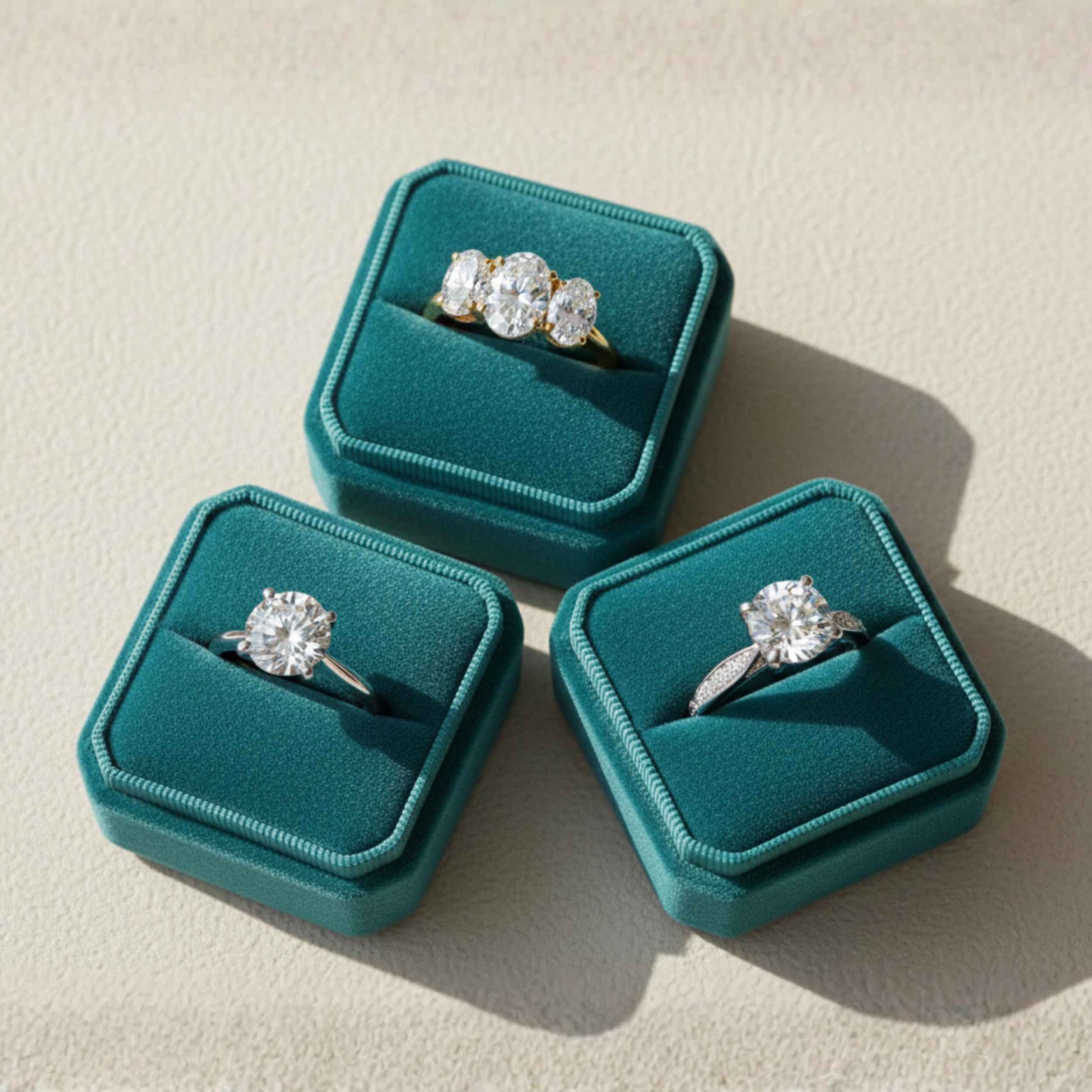Three rings with large diamonds displayed in teal jewelry boxes on a beige surface.