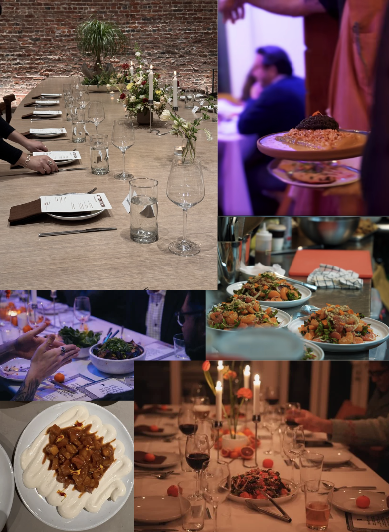 Various images of a formal dinner party with dishes, drinks, and decorations on a table.