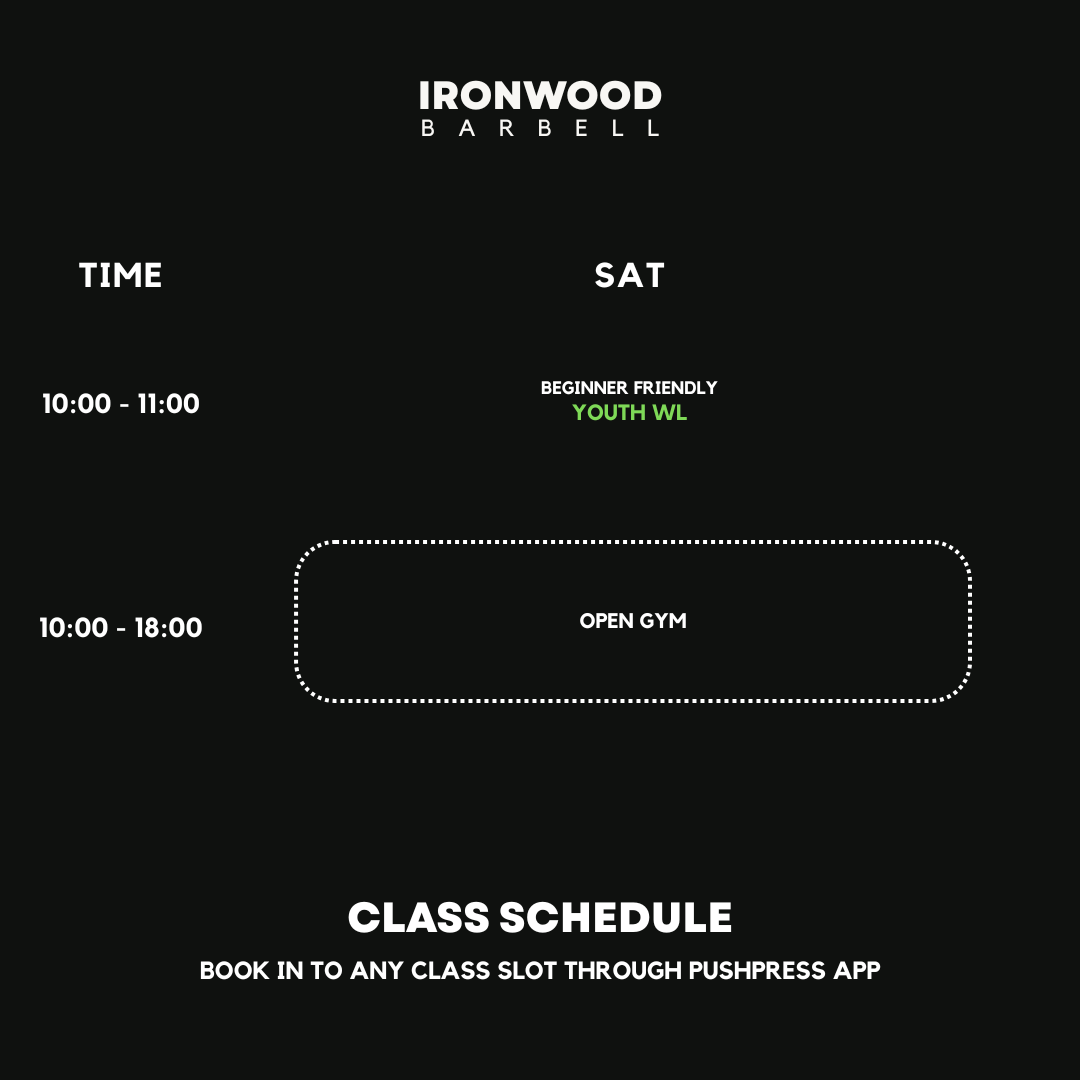 Blackbackgroundclass schedule for Ironwood Barbell, with open gym hours from 10:00 to 18:00, a beginner friendly youth class on Saturday from 10:00 to 11:00, and a note to book classes through the PushPress app.